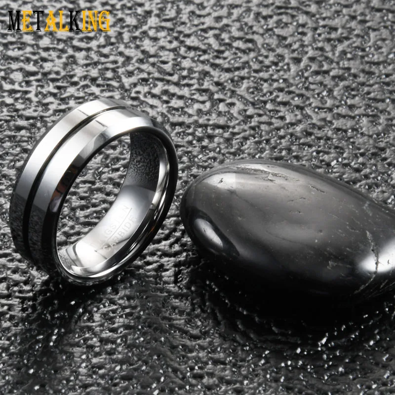 8mm Tungsten Ring High Polished Wedding Band Beveled Edge Thin Line Center Three Colors For Choosing.
