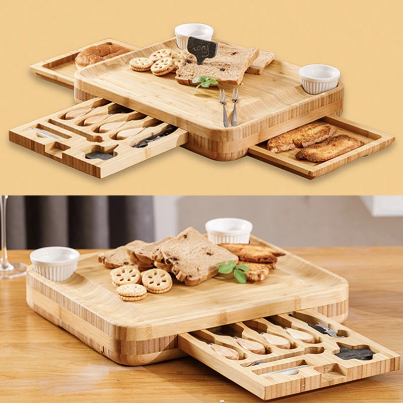 Wholesale OEM Multi-function Bamboo Cheese Cutting Board with Knife Set Tableware Box Ceramic Bow 3 Drawers