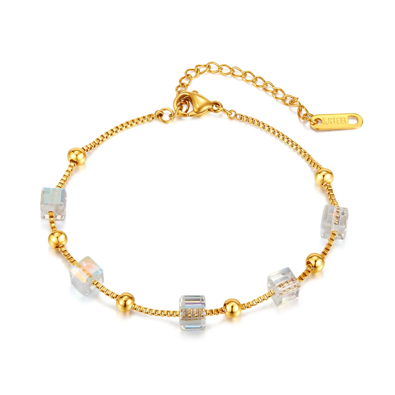 PVD Coated Bracelets Stainless Steel Box Chain Glass Bead Bracelet Jewelry For Women Girls