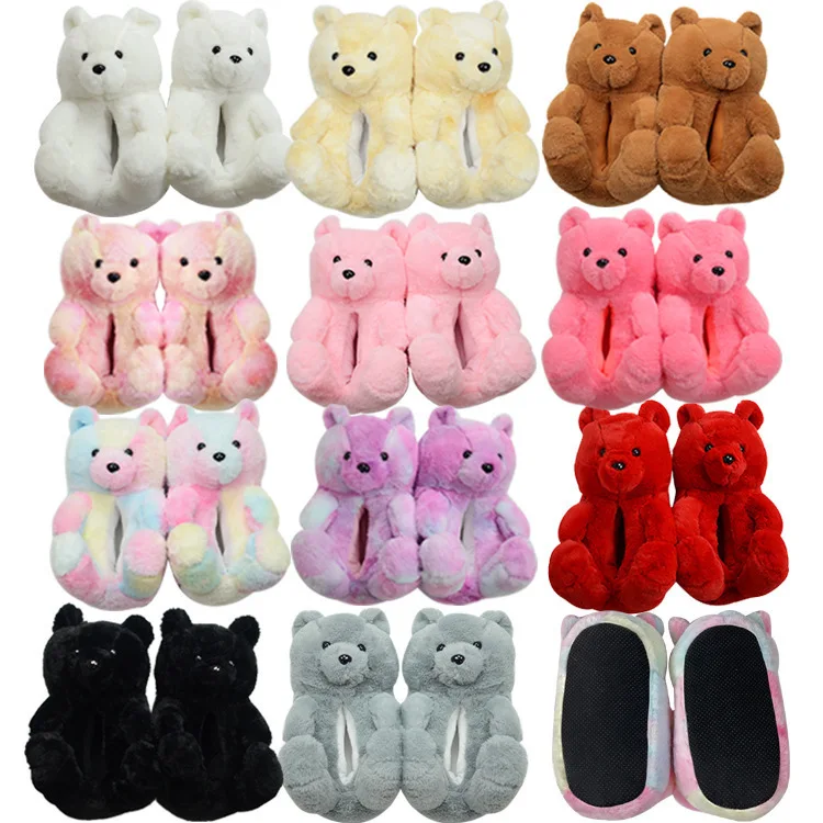 2021 Soft Furry Fur New Style Bedroom Fashion Design Indoor Slides Teddy Bear Animal Home Slippers