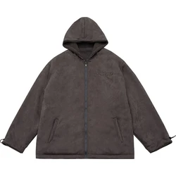 GRKC latest design reversible gray hooded oversized waterproof jackets suede and sherpa stitching winter coats