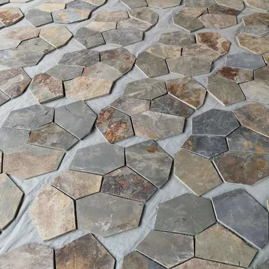 villa decoration driveway granite paving stone Artificial street hexagon slate stone net pastes outdoor cladding tiles