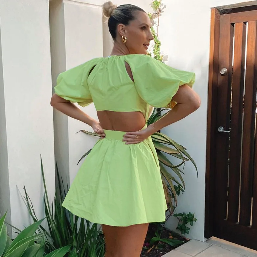 Wholesale 2021 Spring and Summer Fashion Casual Atmosphere Back Hollow Puff Sleeve Waist Puffy Green Female Short Dress