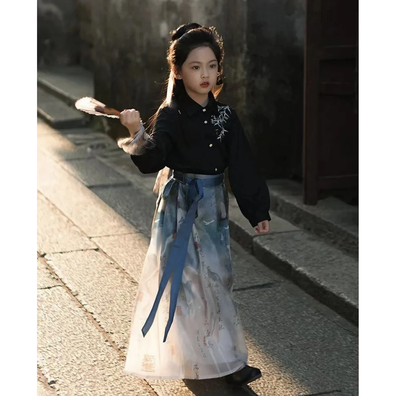 Girls Hanfu Winter Red Midi Dress Chinese Traditional Clothing For Children Kids Princess Dresses Elegent Costume