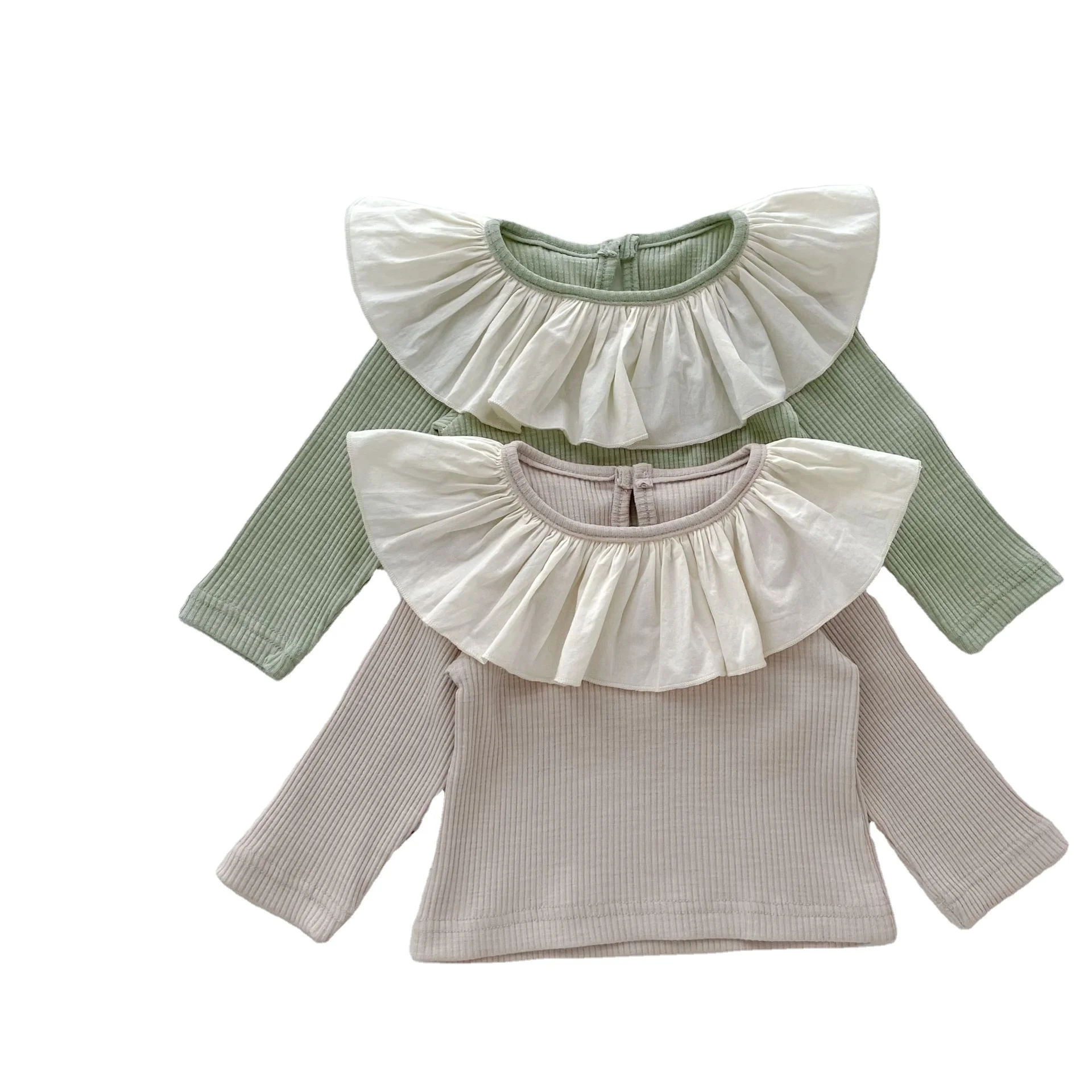 Spring and Autumn New Baby Pit Strip Long Sleeve T-shirt for Girls with Large Lotus Leaf Collar Color blocked Top