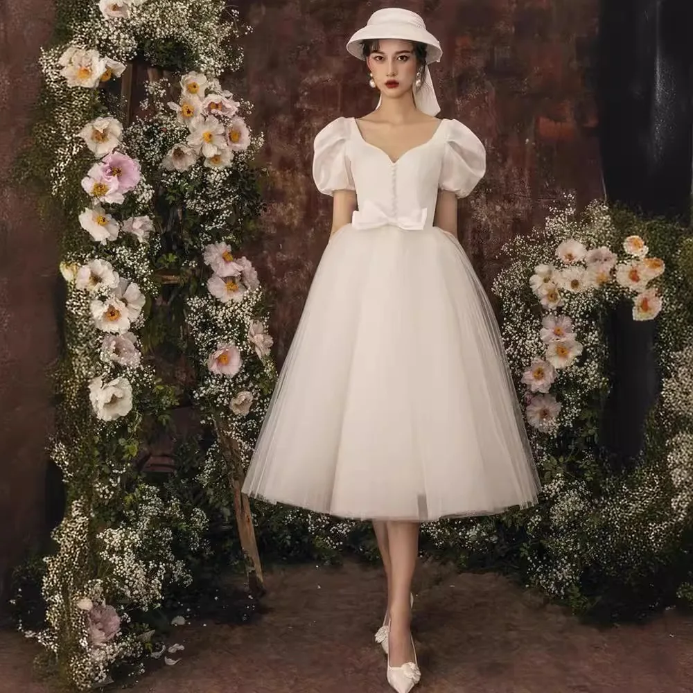 French Style Slimming and Simple Outdoor Wedding Door Bride Light Wedding Dress Short Dress White Dress