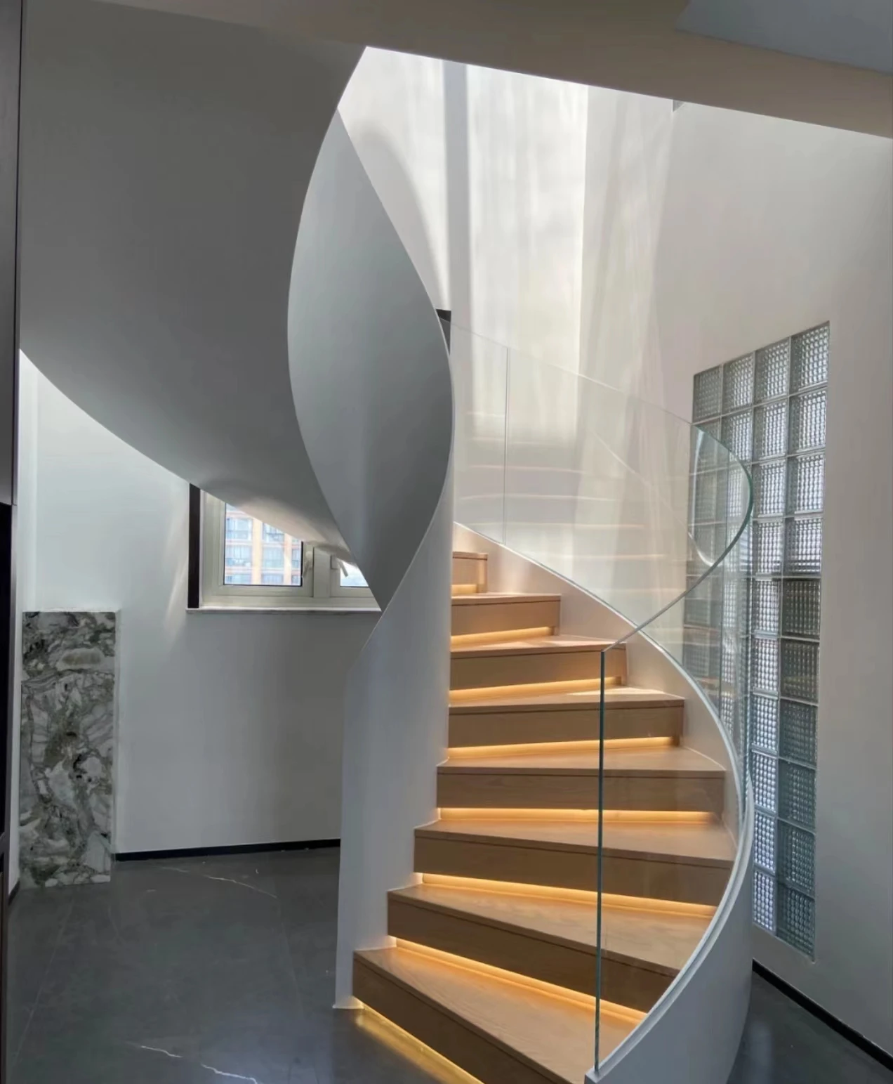 Building Standard Marble Curved Staircase Glass And Wood Stairs Design
