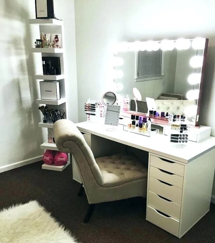 14 Leds Wood makeup vanity table with mirror set Dressing Table with mirror and draws makeup vanity table with mirror set