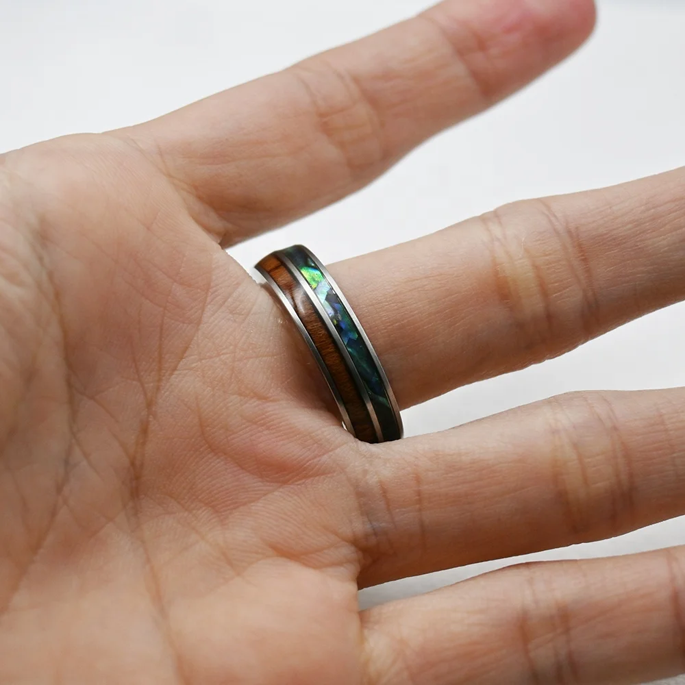 Stainless Steel Carbide Rings Hawaiian Koa Wood and Abalone Shell Rings for Men Comfort Fit Fashion Jewelry