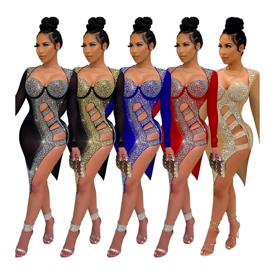 Foma CY9104 women sexy mesh see-through hollow out dress fashion irregular rhinestone nightclub bodycon party dresses