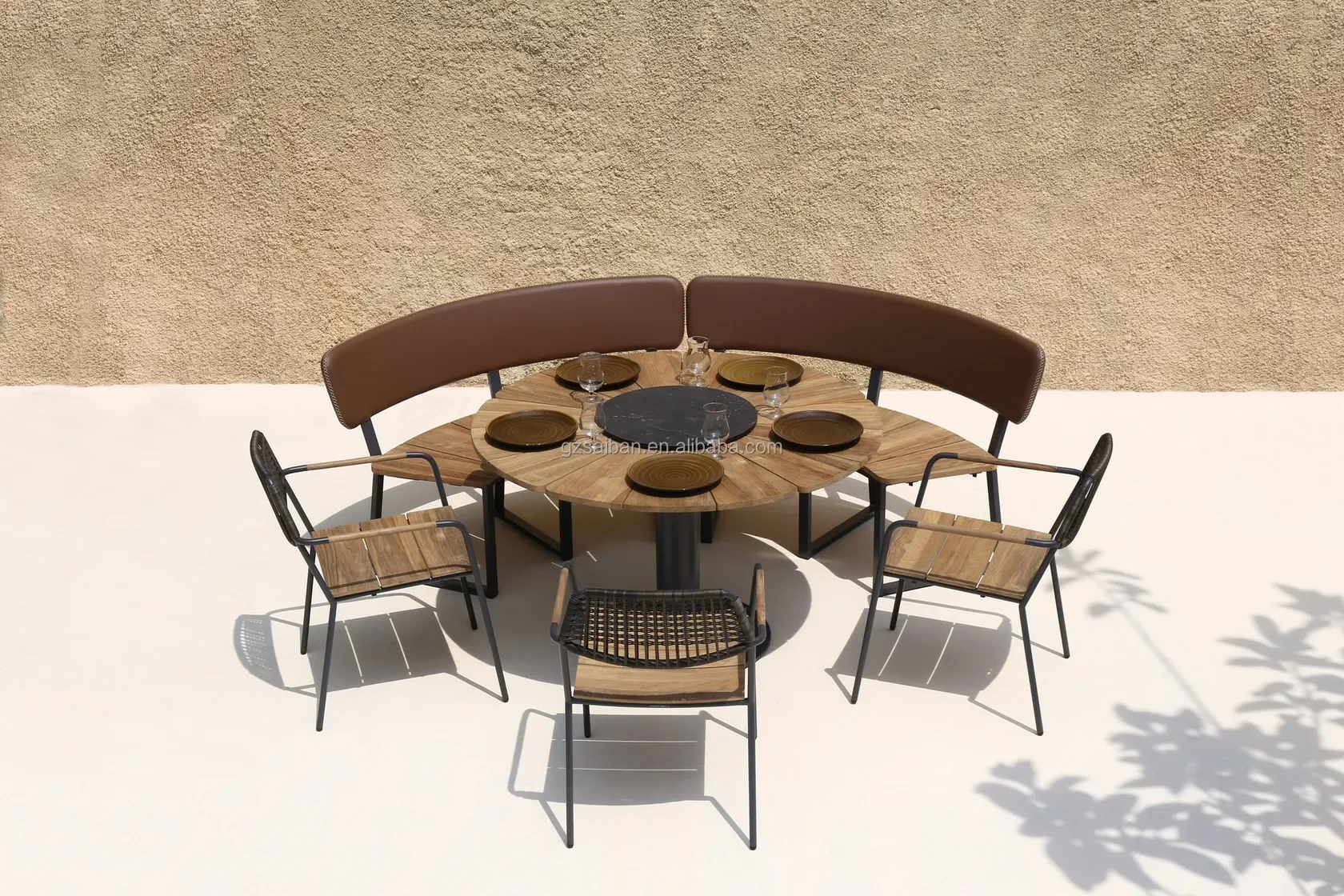 Commercial round shape wooden garden bench metal garden benches plaza street bench with backrest