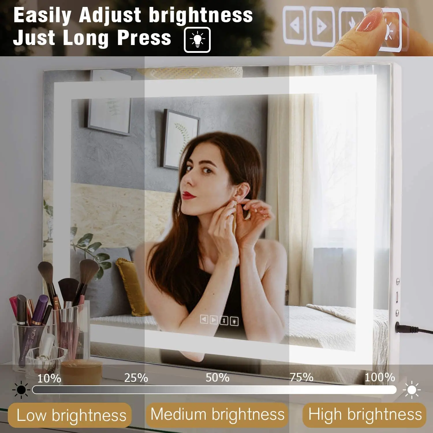 Wall Mounted Or Standing Large Hollywood Make up Mirror Led  Vanity Mirror with Speaker And Protective Power USB Charging Port