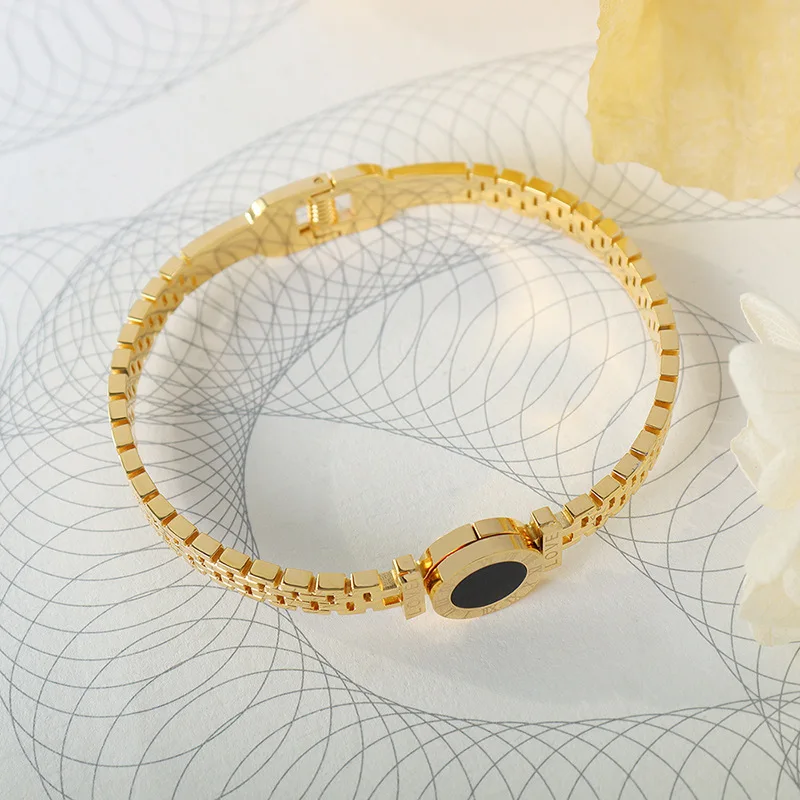 Hollow Imitation Strap with Black Roman Digital Round Bracelet Fashion Tide Female LOVE Titanium Steel Bracelet Accessories
