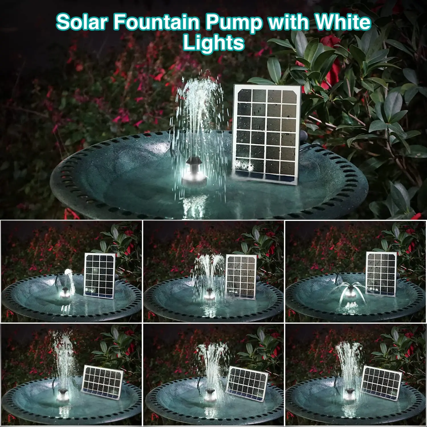Solar Fountain Pump 2023 Upgraded 100% Glass Panel with White LED Lights 40CM Power Cord for Bird Bath 2000mAh Battery included