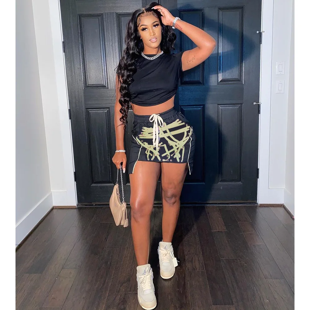 2021 продажу; Женские туфли из двух частей, комплект нарядной одежды светящимся принтом для клубных и недоуздком Носите мини платья комплект из 2 предметов, комплект со штанами, большой размер, платье юбка