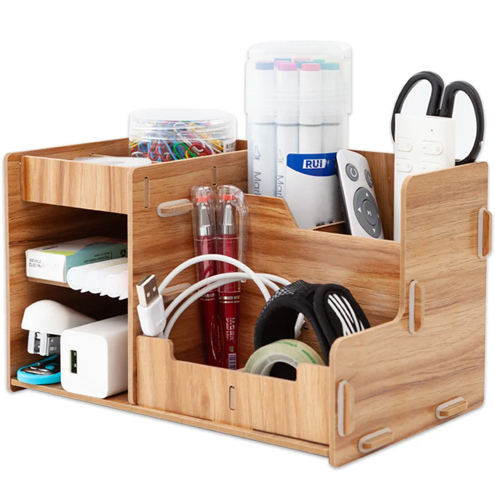 Wooden Office Desk Organizer DIY Document File Multifunction Accessories Storage Magazine Book Shelf pen pencil holder
