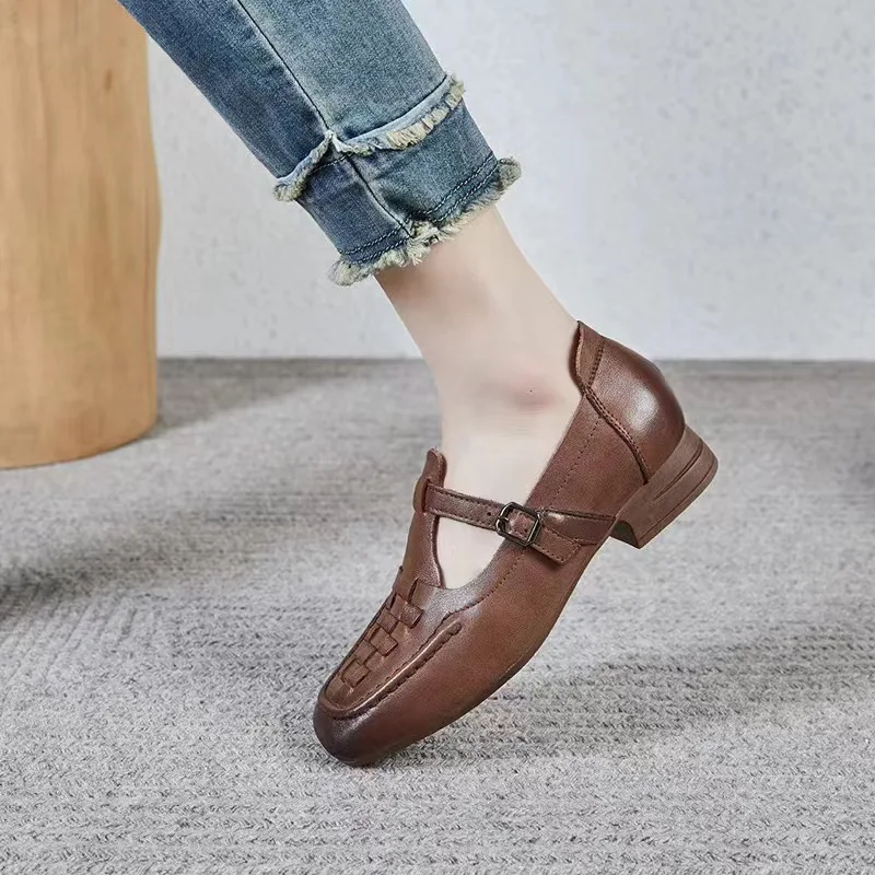 High quality  Genuine leather Handwoven design T-Strap Mary Jane women low heels office dress shoes casual shoes manufacturer