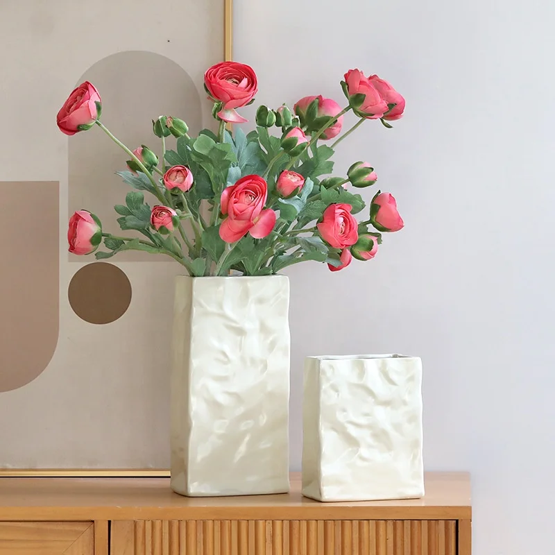 Modern Trendy Home Dining Room Table Centerpiece Unique Square Wide Mouth Pleated Decor White Crinkle Paper Bag ceramic vase