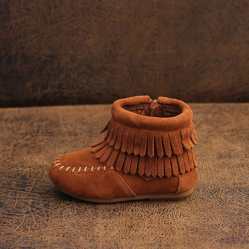 Side Zipper Anti Slippery TPR Hard Sole Kid Shoes Girl Boots Fashion Ankle Real Leather Casual boots  baby tassel leather boots