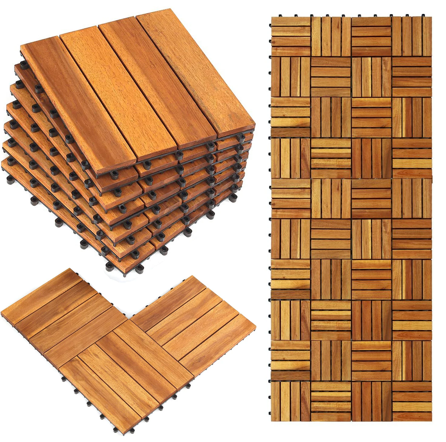 USA Warehouse Acacia Decking Wood Patio Tiles 4 Slats Decking Tiles Easy Snap Interlocking Floor Tiles for Indoor and Outdoor