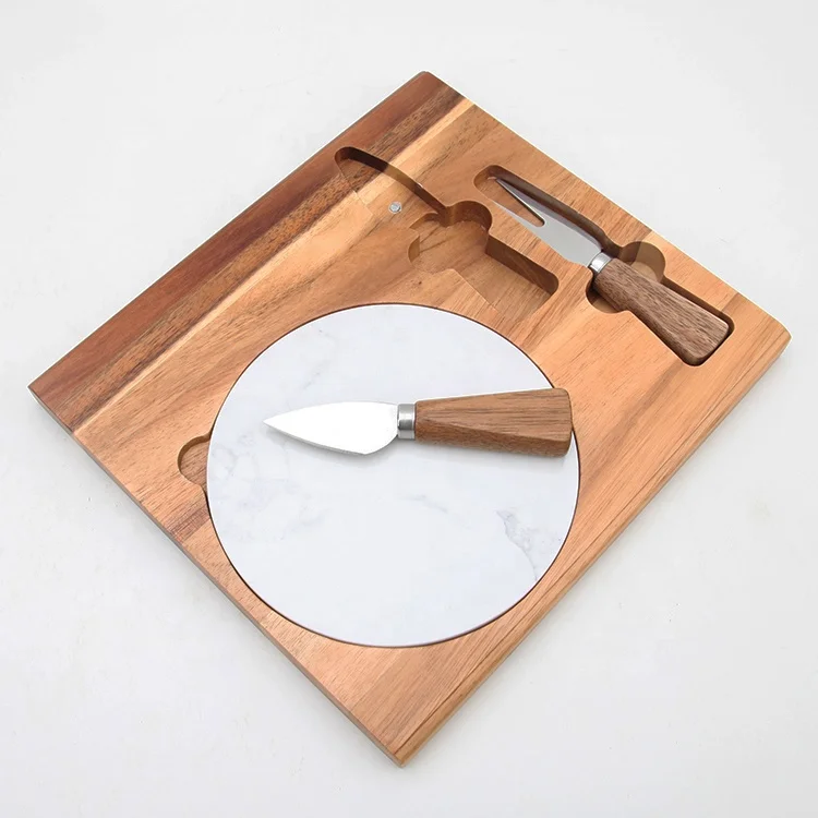 Multi cheese cutting board with knife set, acacia wood kitchenware set, marble cheese cutting board