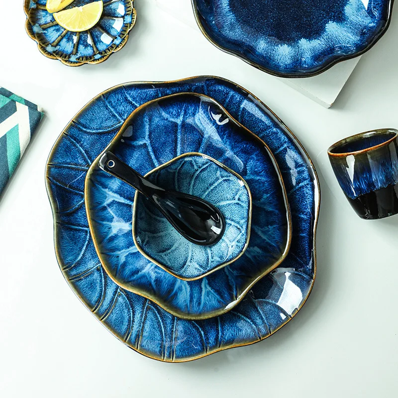 Ceramic Tableware Plates Sets Dinnerware Kiln Porcelain Plate Japanese Blue Glaze Ceramic Bowl For Home Hotel