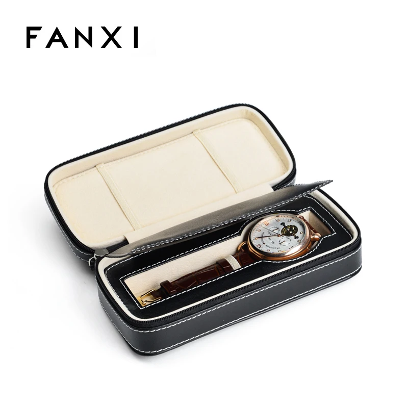 FANXI Wholesale Custom Logo Velvet Insert Watch Box Black PU Leather Jewelry Boxes With Zipper Watch Packaging Box