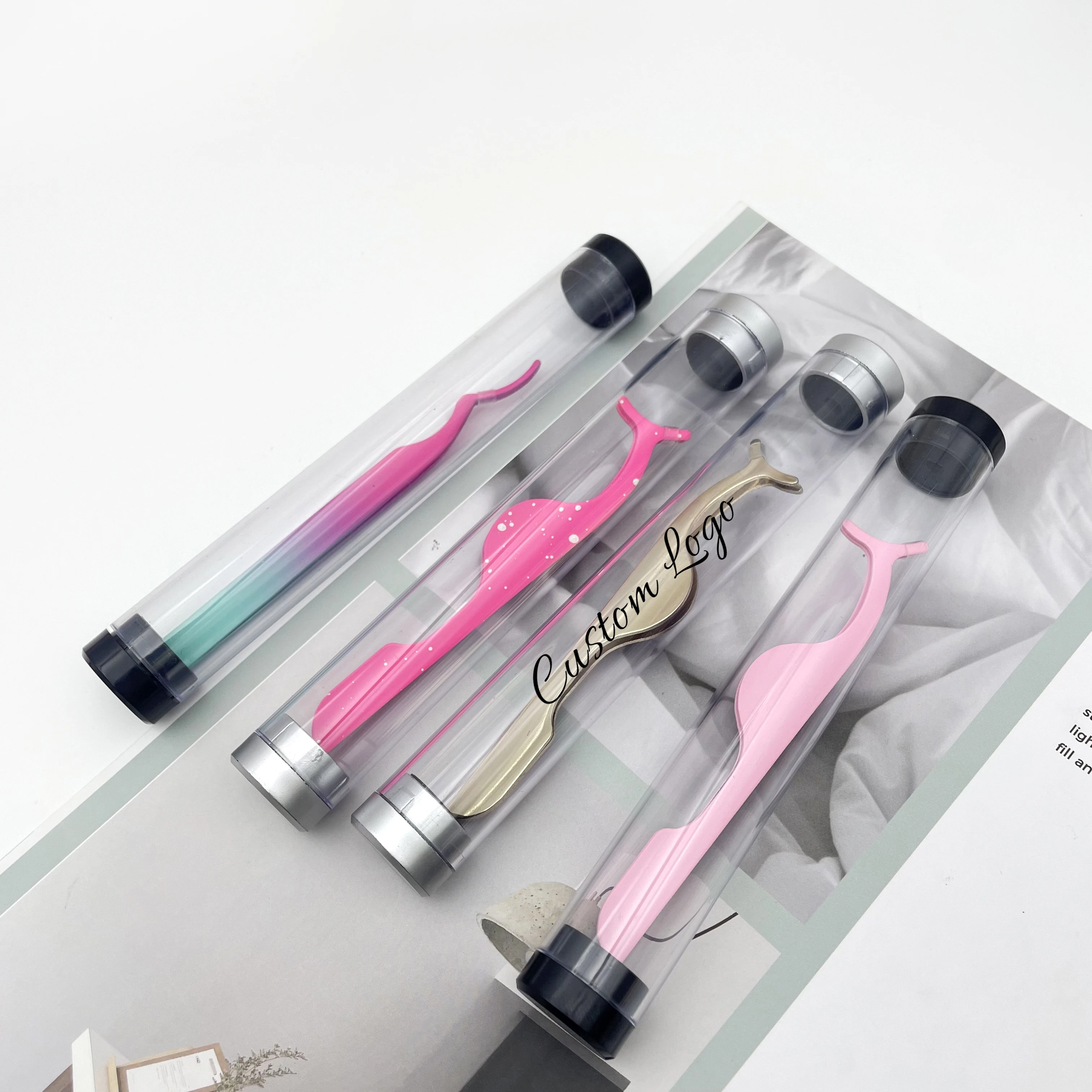 Wholesale eyelash tool with Custom logo Private Label Pink White black Plastic Lashes Applicator Tweezers