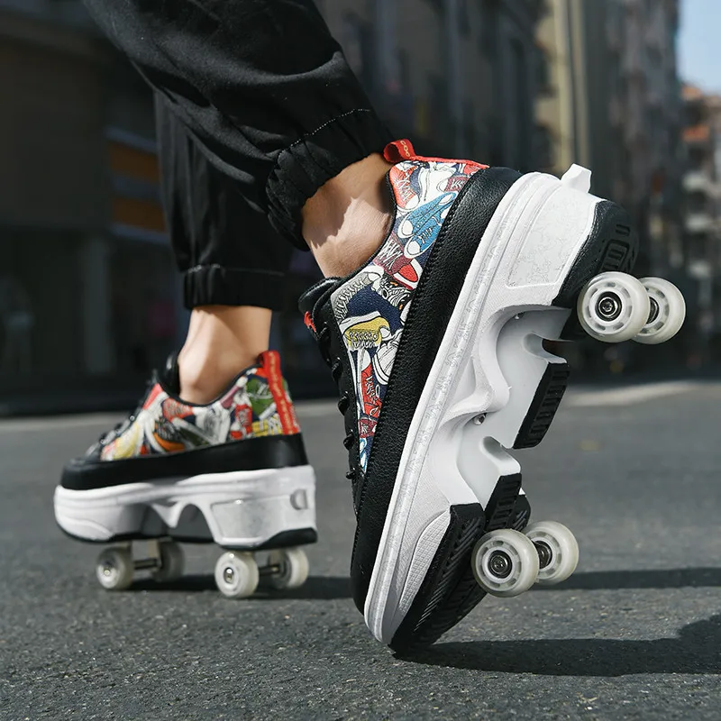 Deformation Walking Rollershoes Outdoor Sports Kick Out Spinning Top Roller Skates Shoes with Retractable 4 Wheels