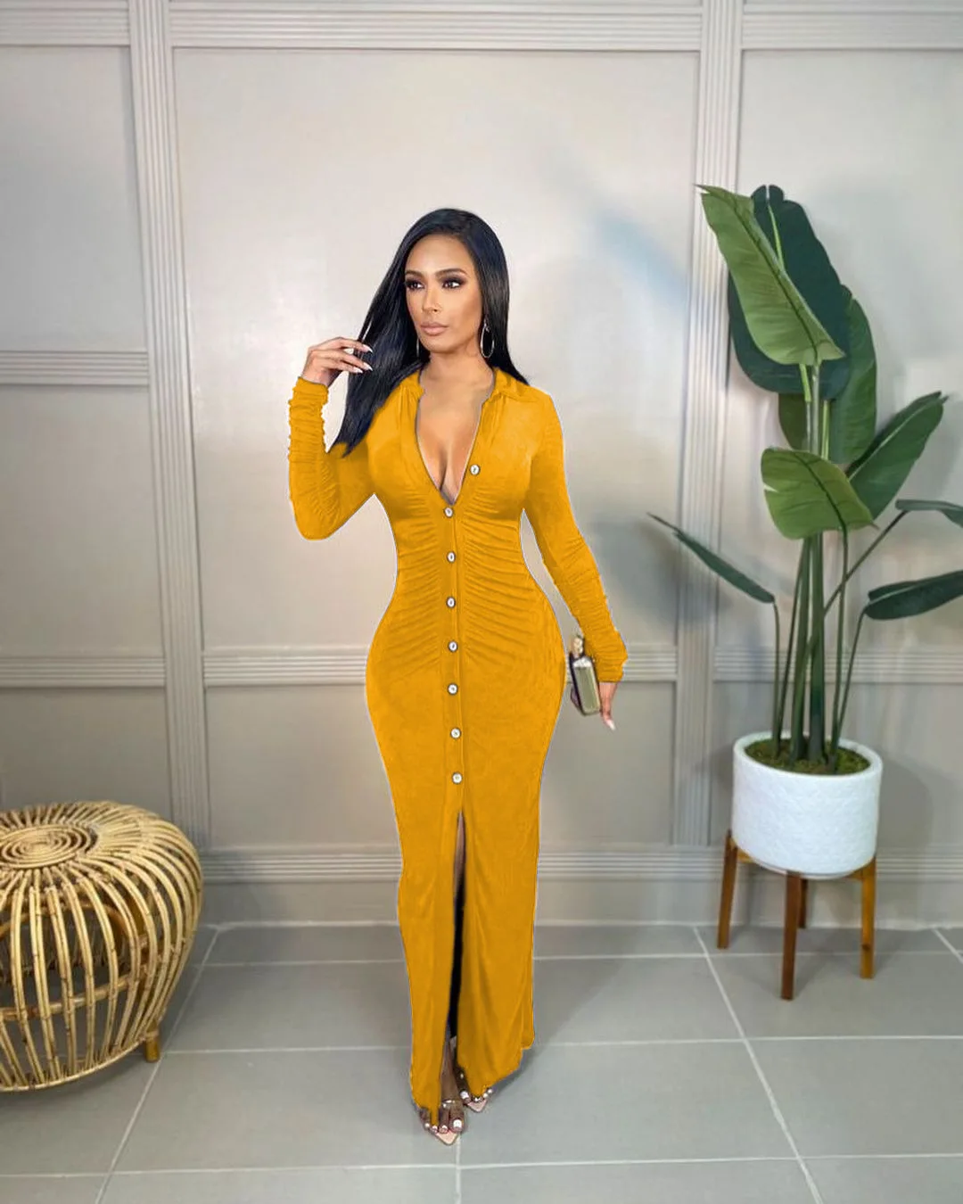 Spring Bodycon Single breasted long sleeve maxi evening velvet casual dresses