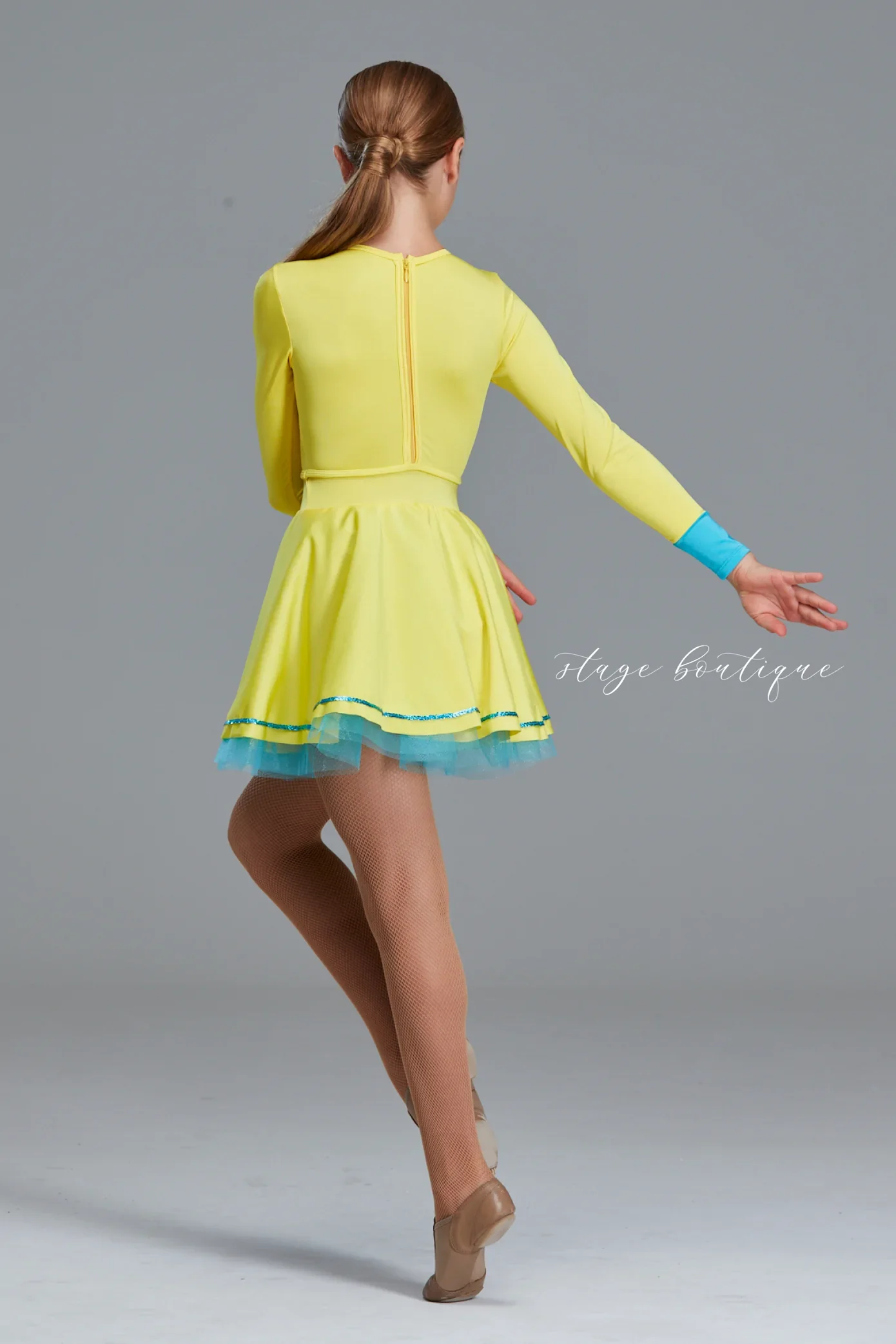 Girls  Yellow Lycra Fabric Back Zipper Jazz/ Tap Dance Dresses With Tutu Skirt Ballet Long Sleeve Costume for Performance