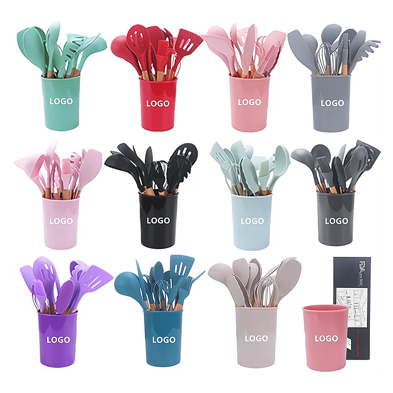 12 Pieces In 1 Set Kitchen Accessories Cooking Tools Kitchenware Cocina Silicone Kitchen Utensils With Wooden Handles