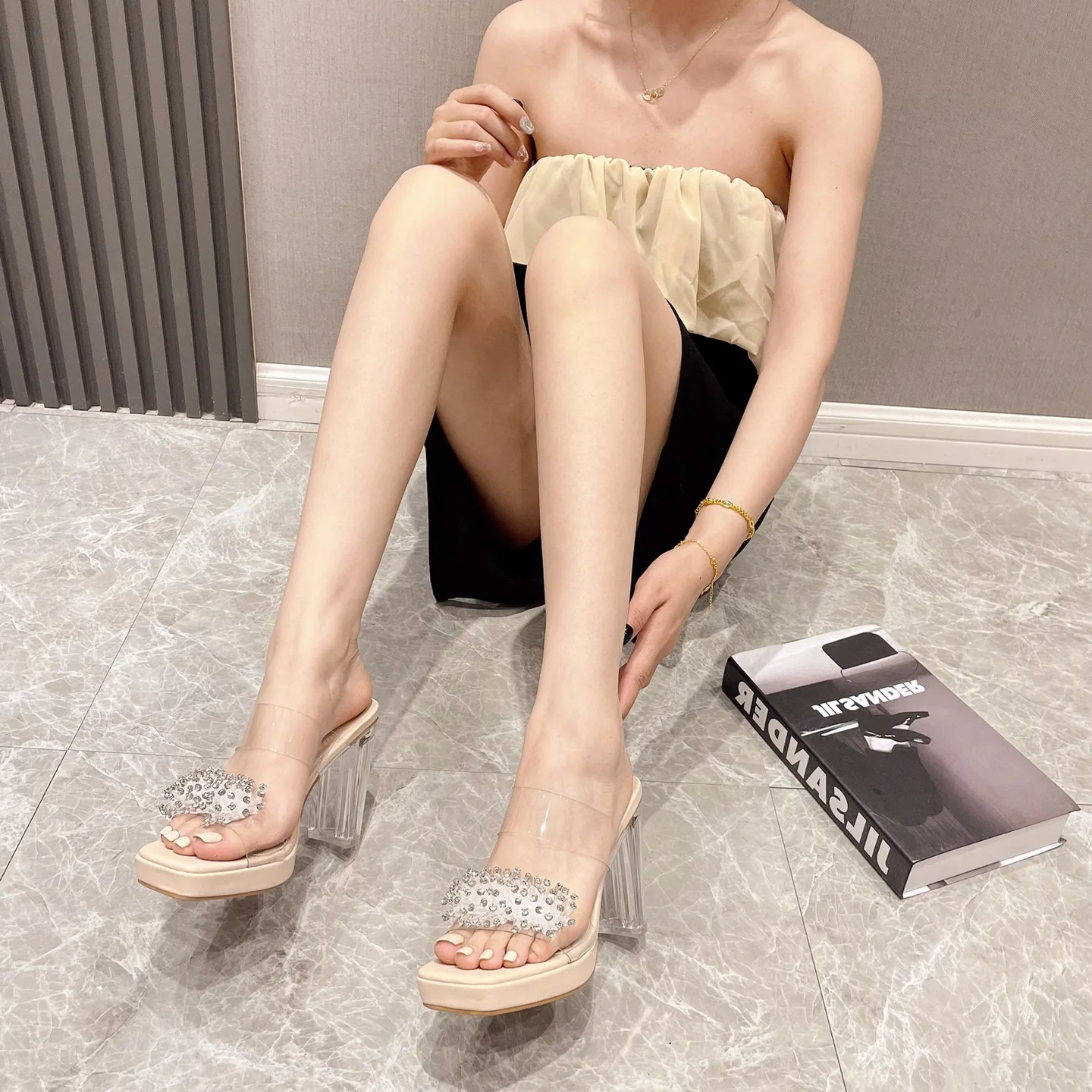 New Design Crystal Rhinestone Square Open Toe Platform Slippers Women Slides Shoes Outdoor Sandals Mules High Heels Summer