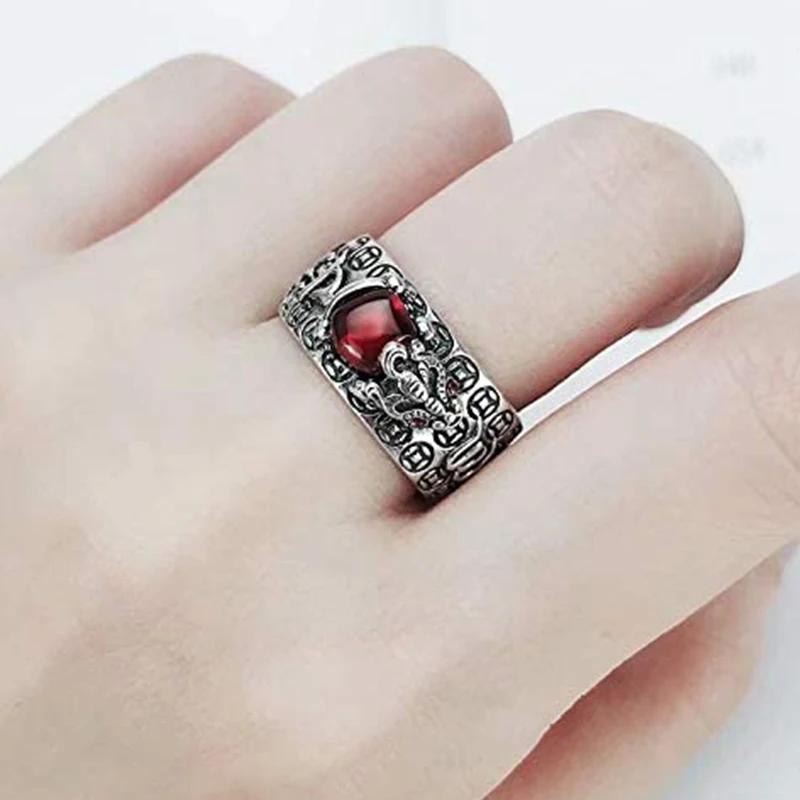 Silver Vintage Pixiu Protection Wealth Amulet Feng Shui Garnet Toad Mantra Heart Sutra Lucky Adjustable Ring for Unisex