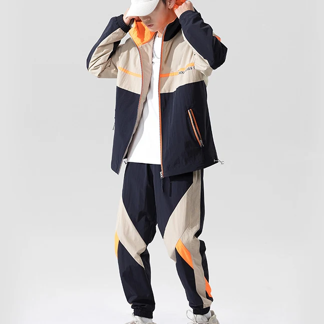 Hot Sale Customized Print Logo Tracksuit Set 2 Piece Set Polyester Tracksuits Men Color Block Windbreaker Tracksuit