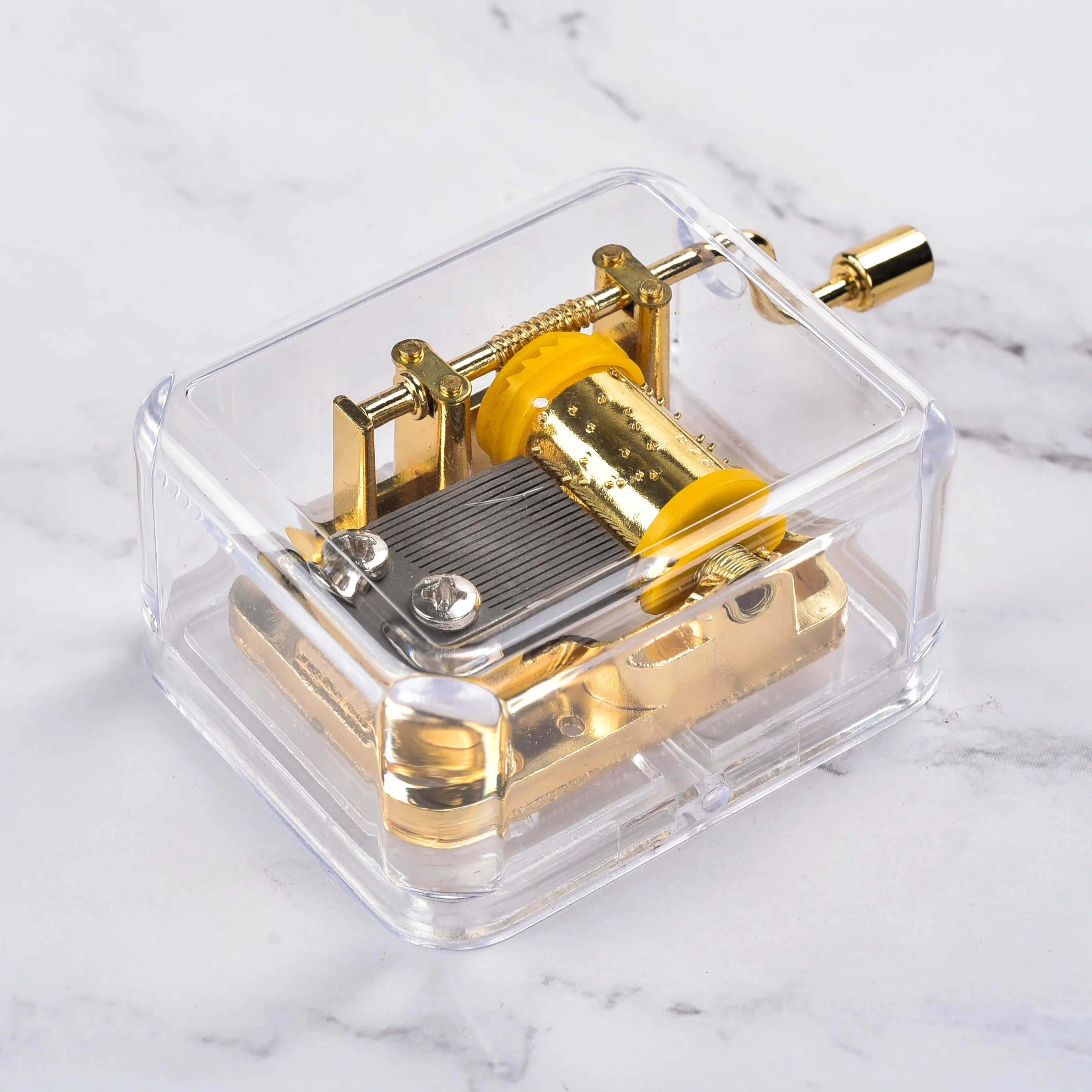 clear acrylic plastic rectangle shape music box with 18 note hand crank musical movement