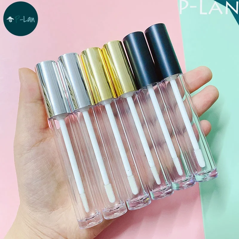 P-Lan Brand Stock 100pieces Custom Logo Round Plastic 6ml Matte Black Silver Gold Empty Lip Gloss Container Tubes With Stopper
