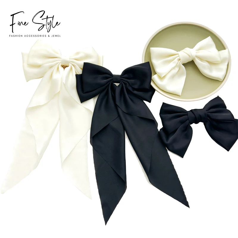 Silky Satin Long Tail mini solid color hair bows elastic hair bands for Girls Women