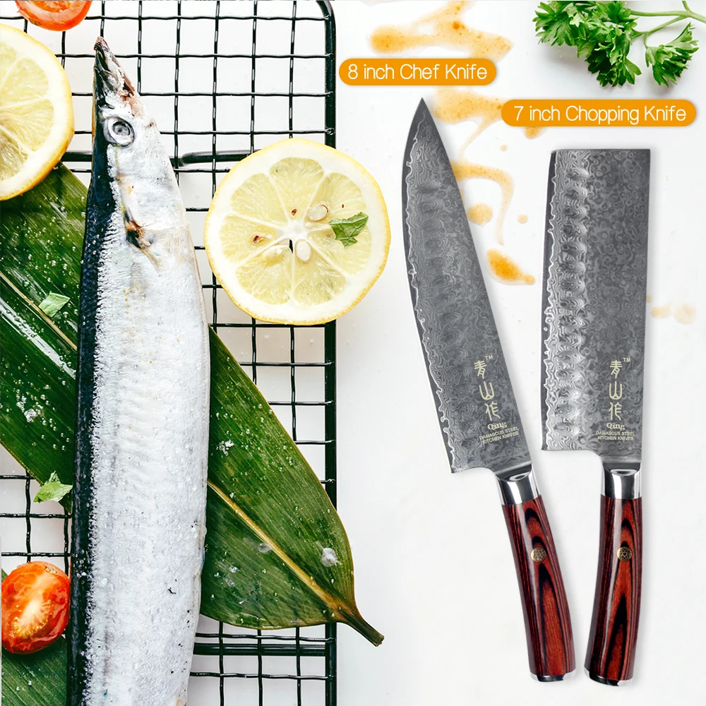 
Hot Sale 67 Layers Japanese Damascus Steel Hand Forged VG10 3 Pieces Wholesale Damascus Kitchen Knife With Sheath 