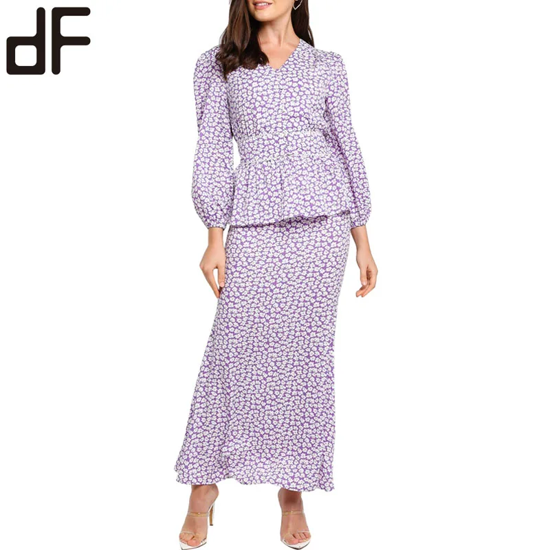 OEM Гуанчжоу завод по индивидуальному заказу мусульманский хлопок Baju Kurung 2022 блузка с цветочным принтом и длинные юбки Indonesia