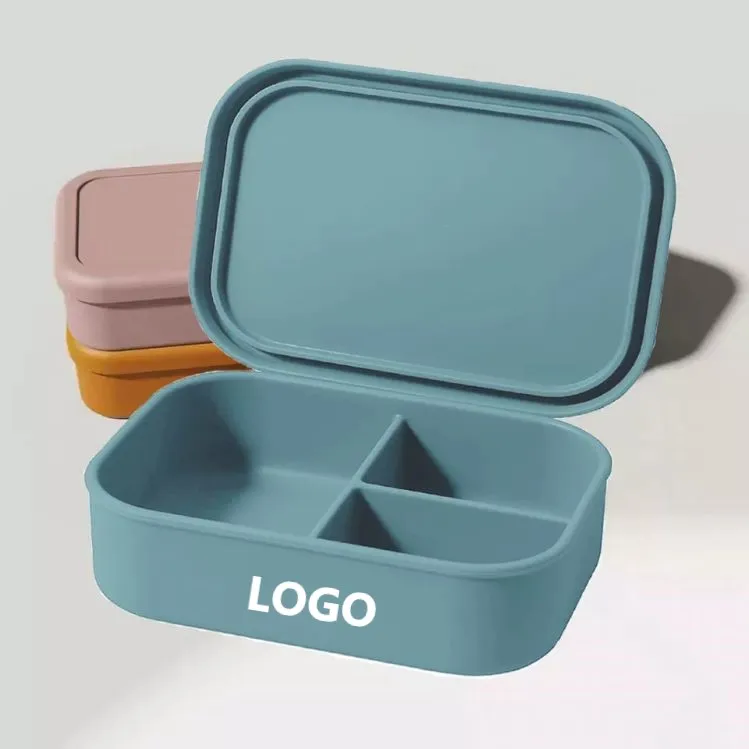 Custom Portable Microwave 3 Dividers Caja De Almuerzo Sin Bpa Free Lunchbox Silicone Bento Lunch Box With Lid For Kids