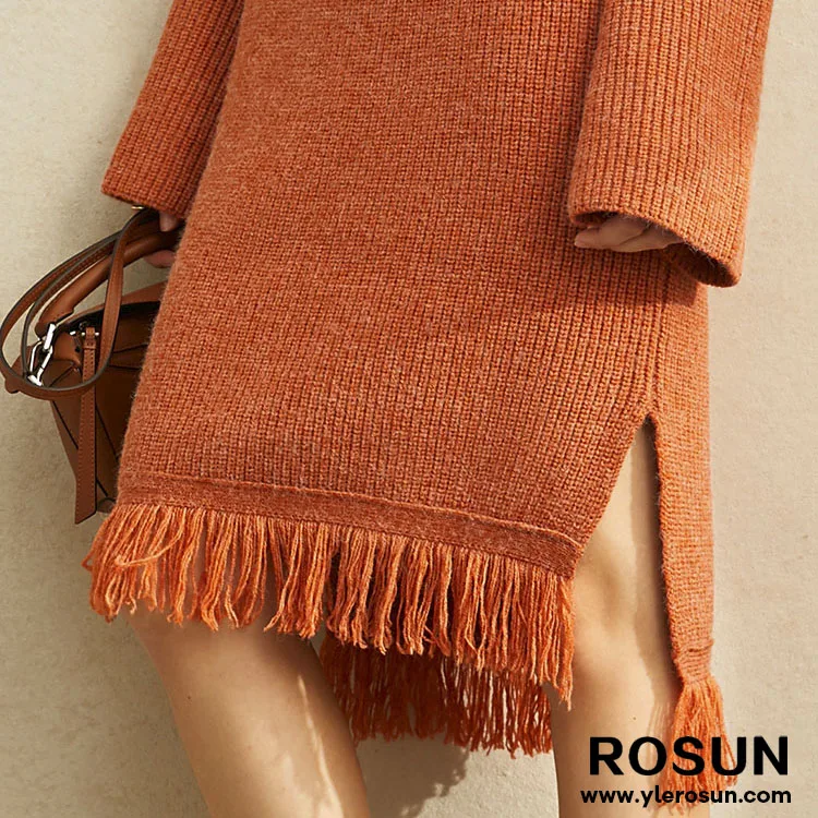 Custom Winter Warm Young Girl Straight Knitted Sweater Dress with Fringe