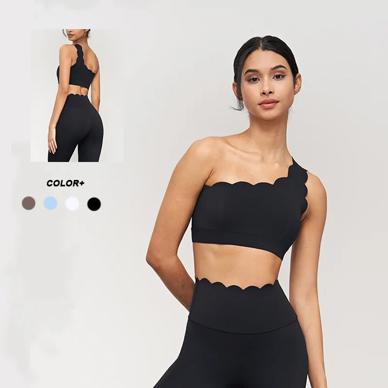 New This Week Scallop Shaped Custom Gym One Shoulder Womens Sports Bras Yoga Quick Dry Crop Tops 80nylon 20spandex