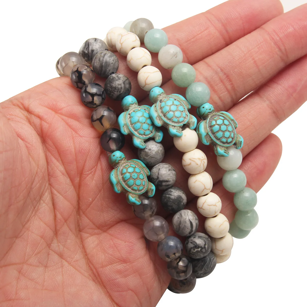 8mm Ocean Animals Summer Style Sea Turtle Synthetic White Pine Volcanic Stone Blue Pine Turquoise Nature Stone Bead Bracelet