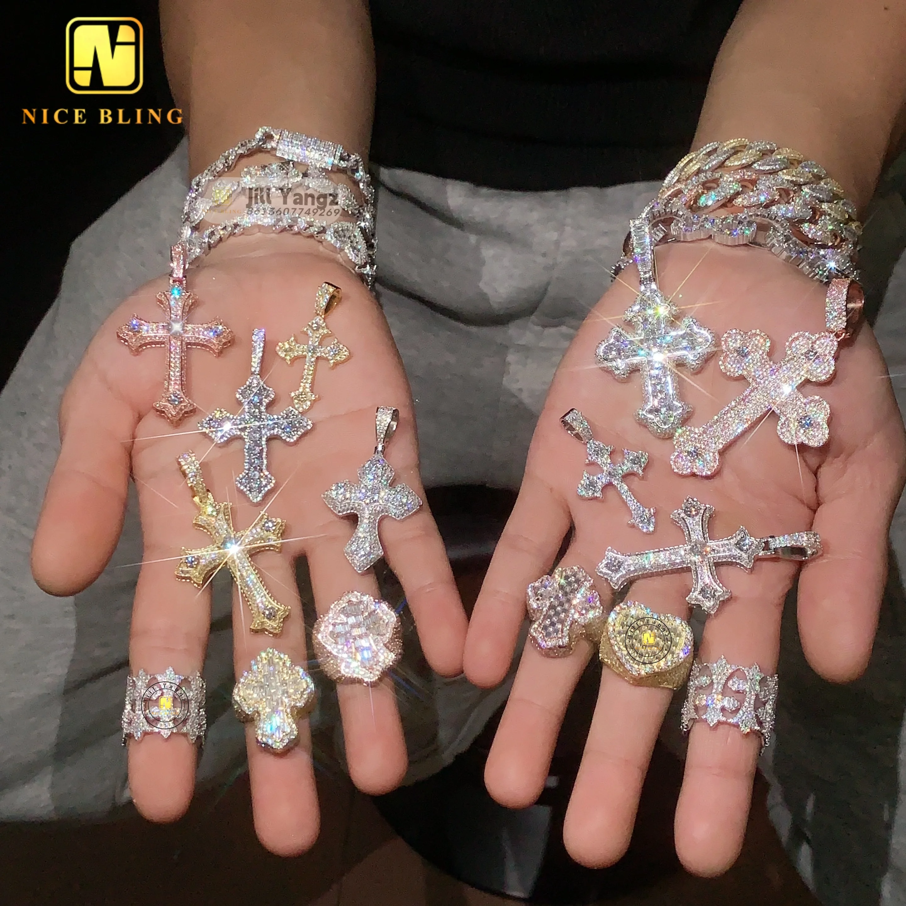 Insta Popular Baguette Cut Cross Ring vvs moissanite Championship Ring sterling silver rings for men hip hop Rock Fine Jewelry