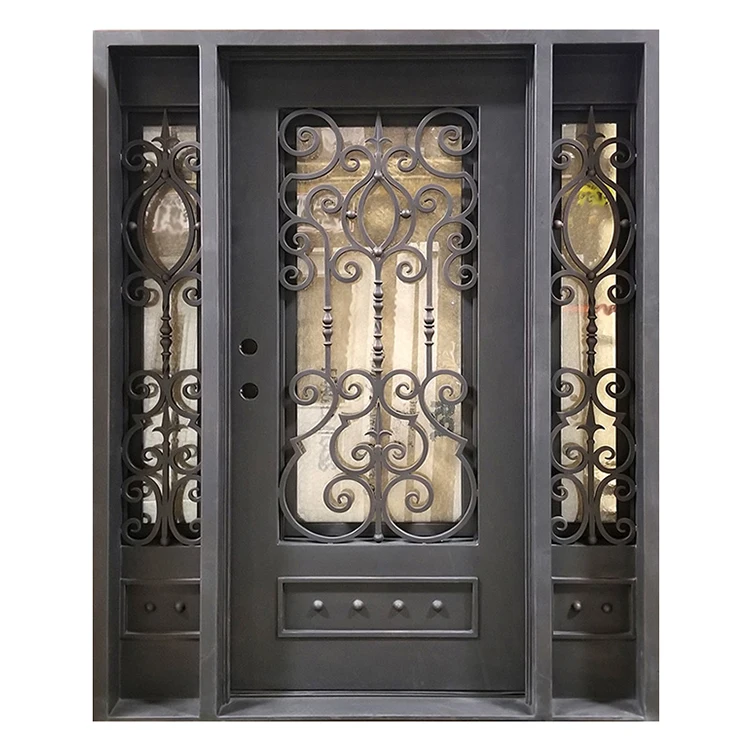 Modern exterior security single metal door custom french style wrought iron storm front entry doors with sidelights