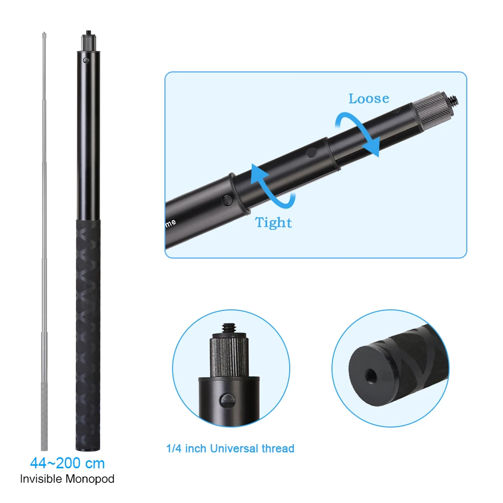 3M Metal Invisible Extended Edition Selfie Stick Scalable Monopod For GoPro 12 Insta360 X3 X4 Accessories Stick Tripod