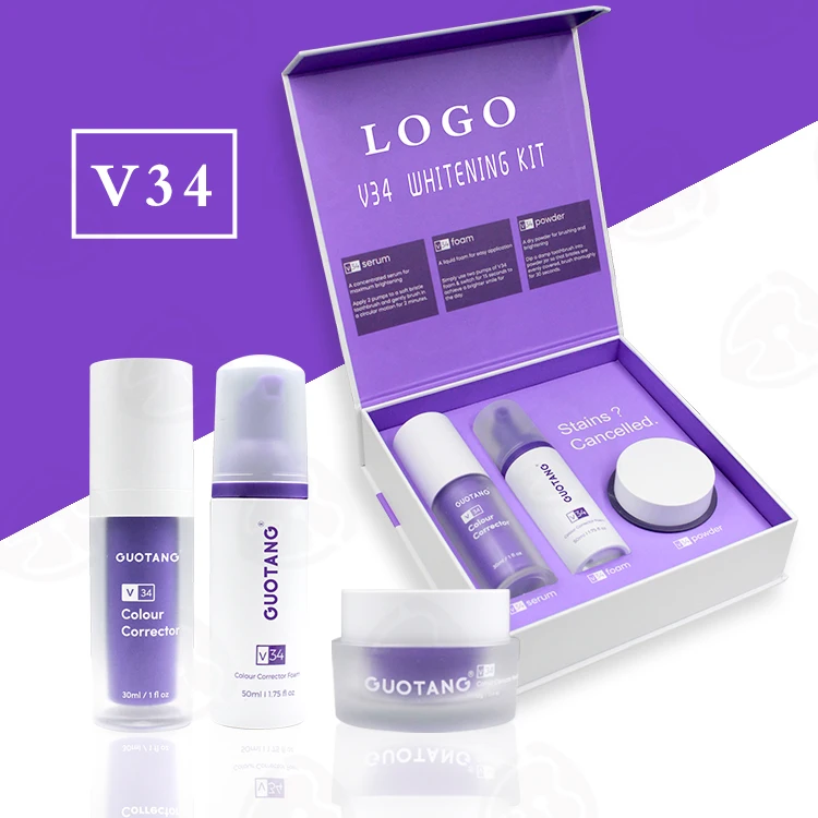 Hot Selling Logo Custom 3 in 1 V34 Color Corrector Teeth Whitening Purple Toothpaste Foam Mousse Powder Kit