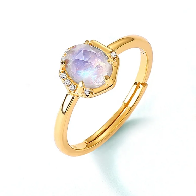 New Arrival Dainty Natural Gemstone Moonstone Rings 925 Sterling Silver Jewelry Women Adjustable Gemstone Rings for Gift