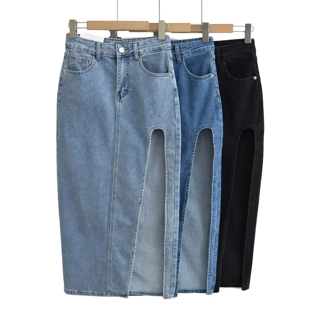 Autumn New Spicy Girls High Waist Fashion A-line Side Split Denim Women Elegant Mid Length Skirt